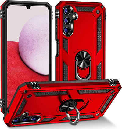 Casemania Hoesje Geschikt voor Samsung Galaxy A14 Rood - Anti-Shock Hybrid Armor Back Cover - Hoes met Kickstand Ring