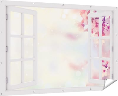 Gards Tuinposter Doorkijk Roze Bloesemboom met Zonneschijn - 180x120 cm - Tuindoek - Tuindecoratie - Wanddecoratie buiten - Tuinschilderij