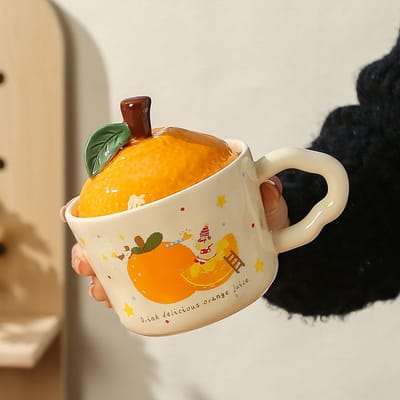 Schattig Meisje Klein Oranje met Deksel Keramische Kop Kleine Cadeauset Hittebestendig Meisjes Kantoor Mok Cadeauset 400ML