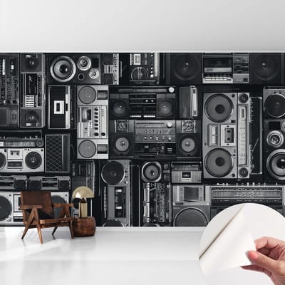 Coloray Zelfklevend Behang - Retro radio Zelfklevend fotobehang - 416x254 cm - Zwart Zelfklevend Behang - Voor op kantoor, voor de woonkamer, voor de hal - Plakklare achterzijde - Stickerbehang op rol