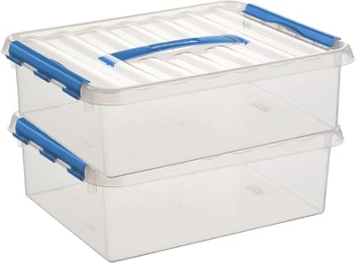 2x sunware q-line opberg box/opbergdoos - 12 liter - 40 x 30 x 14 cm - kunststof - opslagbox - transparant/blauw
