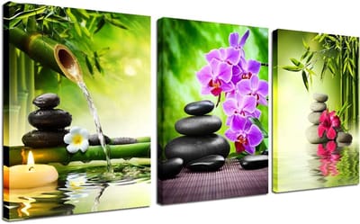 3-delige Ingelijste Canvas Schilderij Set - Groene Bamboe & Zen Stenen voor Woonkamer Decoratie