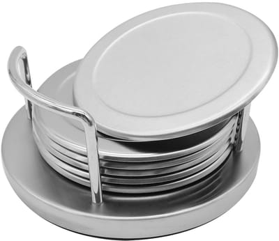 Dailygoods- Onderzetters Roestvrij Staal - Onderzetters met Houder - Ronde Onderzetters - 6 Stuks - Dikke Onderzetters - Zilver - Coaster