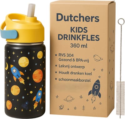 Dutchers® Rvs Drinkfles Kinderen - Met rietje - BPA vrij - Roestvrijstaal - Drinkbeker rvs kinderen - Jongens & meisjes - Lekvrij - Warm & koude dranken - Ruimte design - 360ml
