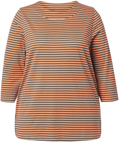 Ulla Popken - Dames - Shirt strepen A-lijn opstaande kraag 3/4-mouw - Neonoranje - Maat 42+