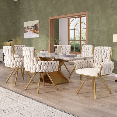 MODFU - Eetkamerstoelenset - Draaibaar Met Armleuningen - Modern - Metaal - Beige - 6 Stuks