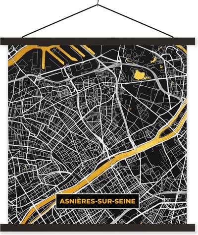 Posterhanger incl. Poster 60x60 cm - Schoolplaat - Plattegrond – Asnières-sur-Seine – Stadskaart – Kaart – Frankrijk - Textielposter - Zwarte latten - Stadskaart