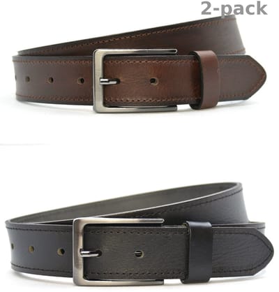 Voordeelset 2x Timbelt Heren Riem doorgestikt - volnerf Leer Zwart & Bruin - 4 cm Breed - Broekriem - Nette Riem - Pantalon Riem - jeans riem - Maat: 85 / Totale lengte riem 100 cm - Echt Leer