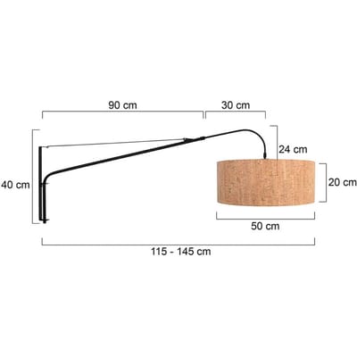 Elegant Classy 4336ZW wandlamp - zwart met kurken kap Ø50 cm - Draaibaar, kantelbaar en uitschuifbaar - Steinhauer