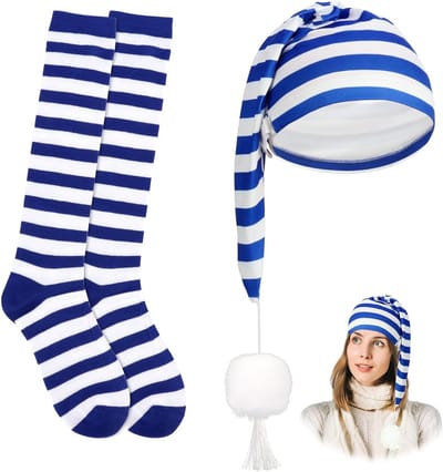 Gestreepte Nachtkousen en Slaapmuts met Pompon voor Carnavalskostuum en Feestjes in Blauw en Wit