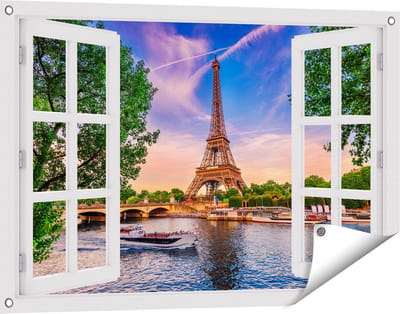 Gards Tuinposter Doorkijk Eiffeltoren in Parijs aan het Water - Kleur - 90x60 cm - Tuindoek - Tuindecoratie - Wanddecoratie buiten - Tuinschilderij