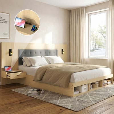 Sweiko Tweepersoonsbed - 180 × 200 cm - Opbergruimte - USB/Type-C - 2 leeslampjes - 2 nachtkastjes - Licht eikenkleur