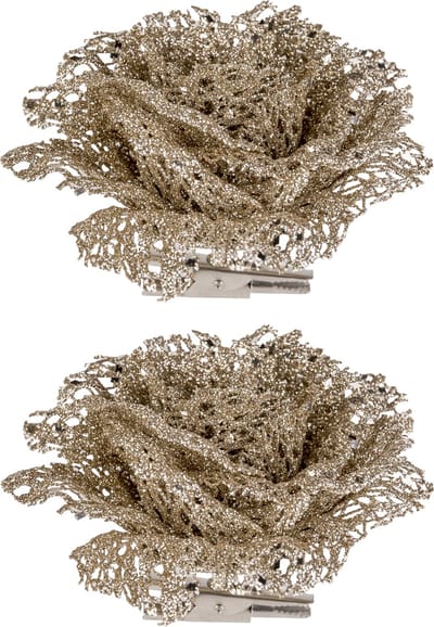 2x stuks decoratie bloemen roos champagne glitter op clip 10 cm - Decoratiebloemen/kerstboomversiering