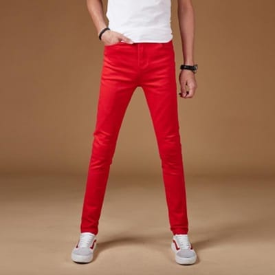 WTEMPO Jeans d'été pour hommes, section fine, couleur unie, ample, extensible, slim, simple, droit, décontracté, respirant, personnalité 27 red