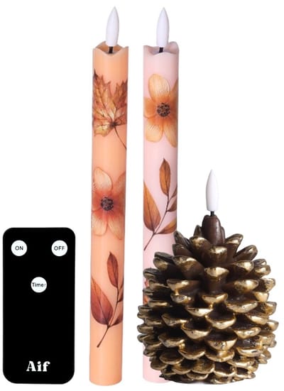 LED Dinerkaarsen met Bloemenprint + Dennenappel - Cadeauset - Incl. Afstandsbediening - Aifcandles