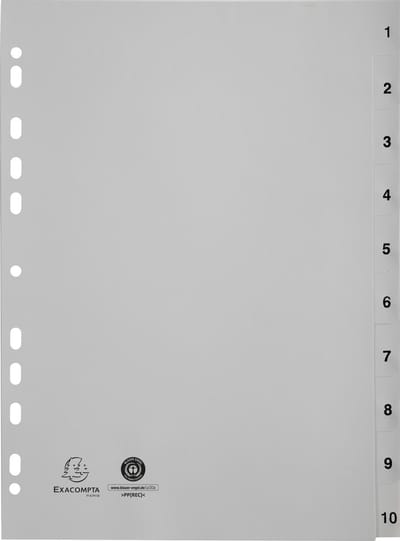 Exacompta 20x Tabbladen met bedrukte tabs in gerecycled PP - 10 tabs - 1 tot 10 - A4 - Grijs - 1710E