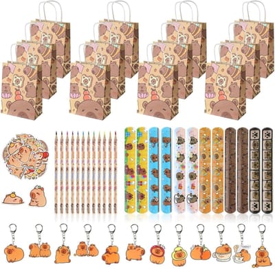 Capybara Feestcadeaus voor Kinderen, Verjaardagsgeschenken met Pennen, Sleutelhangers en Stickers (Donkerbruin, 98)