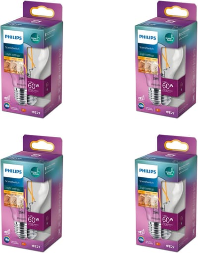 Philips Voordeelverpakking - E27 - SceneSwitch - LED Standaard lamp - Mat - 60W - Warmwit Licht - Set van 4 Stuks