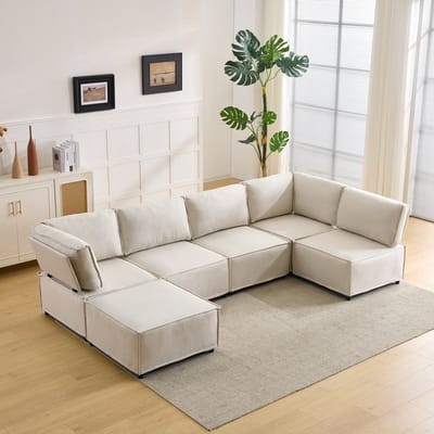 MODENUIT Hoekbank 308 x 152 cm - Modulair Samenstelbaar - Voor Woonkamer En Rustruimte - Hout En Stof - Beige