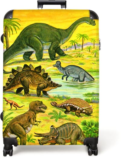 NoBoringSuitcases.com® - Koffer groot - Reiskoffer lichtgewicht - Dino - Illustratie - Geel - Jongens - Rolkoffer met 4 wielen - Grote trolley XL - 98 liter bagage