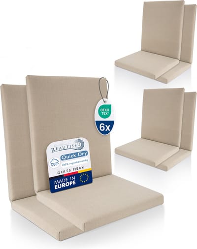 Beautissu QD-NL – Set van 6 Premium Tuinstoelkussens Lage Rug 105x48 cm – 100% Waterdicht – Weerbestendig – Sneldrogend – UV-bestendig – Natuur