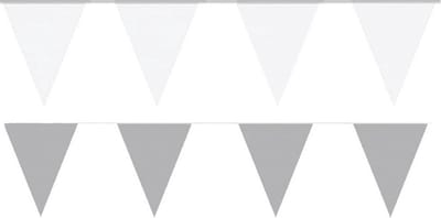 Feest versiering punt vlaggetjes pakket - 60 meter - wit en zilver - slingers / vlaggenlijnen - kunststof - buiten/binnen