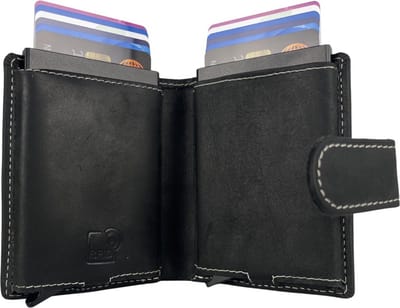 Pasjeshouder Uitschuifbaar – Zwart – Leer - Dubbele Creditcard Houder - RFID – Anti Skim - Muntgeld Ritsvak - Pasjeshouder