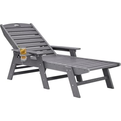 VEVOR ligstoel, draagvermogen 181 kg, HDPE tuinligstoel, strandligstoel met 6-voudig verstelbare rugleuning, armleuning, bekerhouder, balkonligstoel, terrasligstoel voor zwembad, terras, patio, gazon, grijs