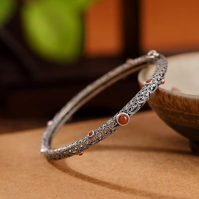 Bracelet Vintage Style Ethnique Classique Tourmaline Rouge du Sud Pour Femmes Joncs Fins ajourés Bijoux de Soirée brown
