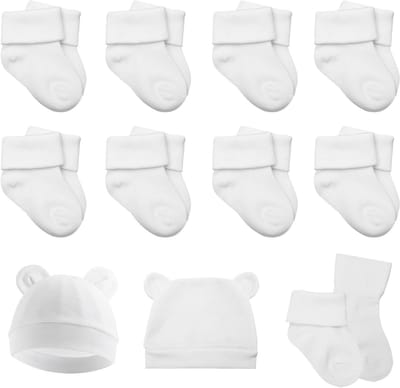 8 paar sokken en muts voor baby's in wit - Uniseks enkelsokken voor pasgeborenen - Newborn set jongens en meisjes - Geschikt voor 0-6 maanden
