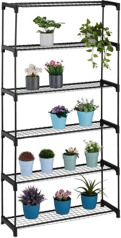 Famanu – Plantenrek, 6 etages, voor bloempotten, binnen, metaal en kunststof, 174 x 91 x 28 cm, bloemenrek, zwart