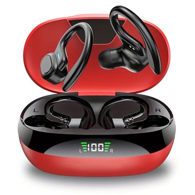 Draadloze Bluetooth-oordopjes met ENC-microfoon (ruisonderdrukking), sportieve oorhaakjes, stereo in-ear hoofdtelefoon, oplaadcase met LED-display, TWS-oordopjes - rood