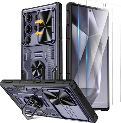 Geschikt voor Samsung Galaxy S24 Ultra - Inclusief 2 Screenprotector - Schuifcamera - Met ingebouwde 360° draaibare ringstandaard Hoesje - Blauw