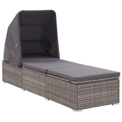 vidaXL - Ligbed - met - luifel - en - kussen - poly - rattan - grijs