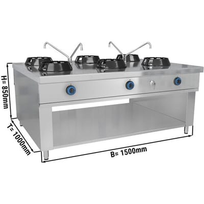 GGM Gastro Gas Wok-Herd Insel - 84 kW - 6 Brenner - inkl. 4 Wasserhähnen Zilver