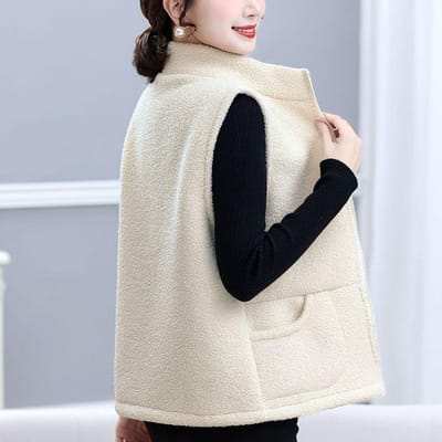 Gilet épais en laine d'agneau avec polaire ajoutée pour femme, style court, col montant, gilet d'hiver décontracté 5XL black