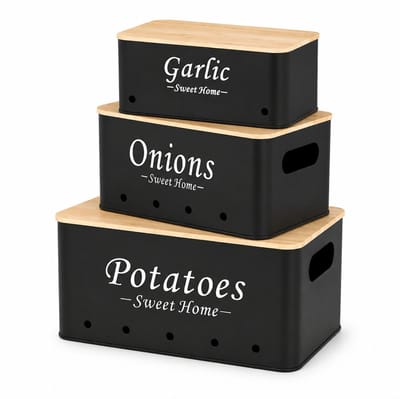 Purepeak Metalen Voorraadpotten Set 3 Stuks - Aardappelbak - Uienpot - Knoflookpot - Aardappelschilbak met Bamboe Deksel
