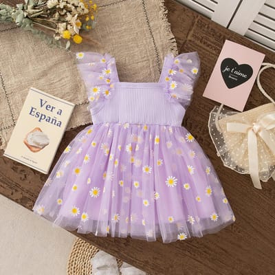 Robe de Fille Mode Imprimé Marguerites Maille Robe Princesse Douce Confortable Robe de Sortie Bébé Fille Rose Cadeau d'Anniversaire 70 violet