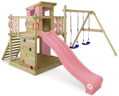 Wickey Smart Camp Speeltoestel - Dubbele schommel met Glijbaan en Speelhuisje - Klimwand & Zandbak - 390x420x237 cm - Pastelroze