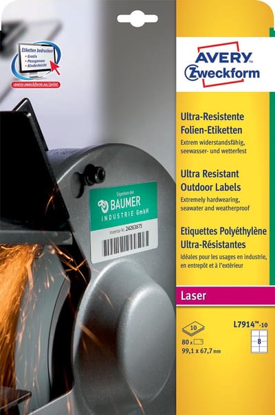 Avery L7914-10 weerbestendige etiketten ft 99,1 x 67,7 mm (b x h), 80 etiketten, wit 40 stuks