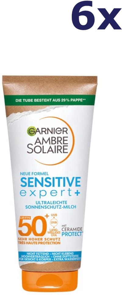 6x Garnier Ambre Solaire Zonnemelk sensitive expert+, SPF 50+ 175ML