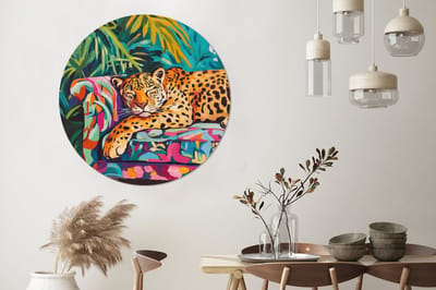 WallCircle - Wandcirkel - Muurcirkel - Luipaard - Kleurrijk - Tropisch - Aluminium - Dibond - 120x120 cm - Binnen en Buiten XXL