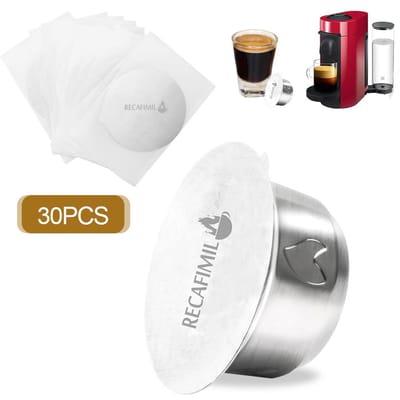 Capsules de café rechargeables réutilisables en acier inoxydable, compatibles avec le filtre de tasse à café nespresso vertuo avec 30 pièces de papier d'aluminium argenté