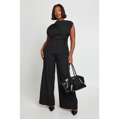 boohoo Dames Plus One Schouder Longline Top & Rechte Pijp Broek Co-ord | Zwart | Maat: 44