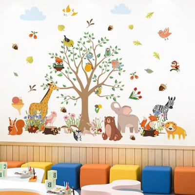 Jungle muurstickers met dieren voor babykamer en slaapkamer, wanddecoratie met olifant, giraf en leeuw, 2 stuks