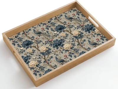 Dienblad hout 50x35 cm - Schootdienblad - Pauw - Bloemen - Blauw - Borrelplank rechthoek - Plateau dienbladen