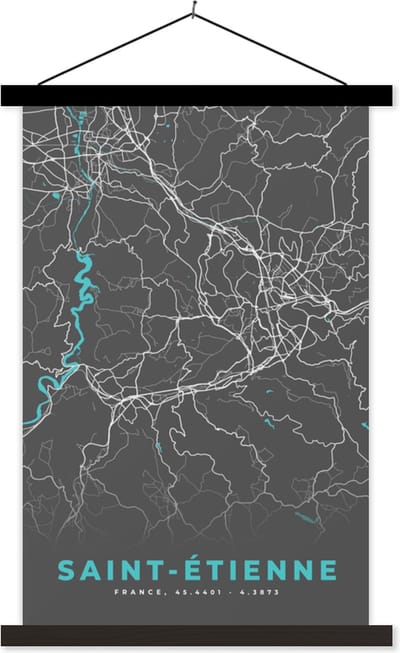 Posterhanger incl. Poster 40x60 cm - Schoolplaat - Saint-Étienne - Frankrijk - Stadskaart - Kaart - Plattegrond - Textielposter - Zwarte latten - Stadskaart