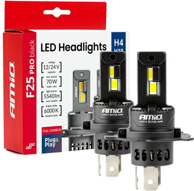 AMiO F25 PRO BLACK Edition H4 H19 LED Koplampen 12/24V – 5540 Lumen 6000K Daglichtwit FULL CANBUS