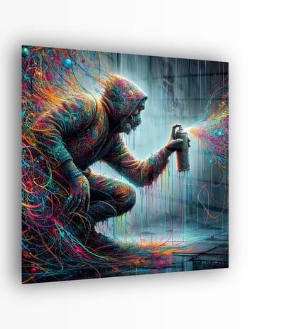 Indoorart - Glasschilderij Abstract Man Spraycan 50x50 CM - Afbeelding op plexiglas - Inclusief montagemateriaal