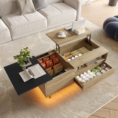 STILVORA Salontafel - Verstelbaar Blad Met Opbergruimte En Led - Voor Woonkamer En Kleine Ruimtes - Hout - 103,5x50x27,5 Cm
